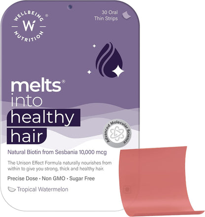 Wellbeing Nutrition Melts Healthy Hair (30 Oral Thin Strips) with Plant Based Biotin, Zinc, Bamboo Extract, Folic Acid for Hair Nourishment, Strength and Thickness
