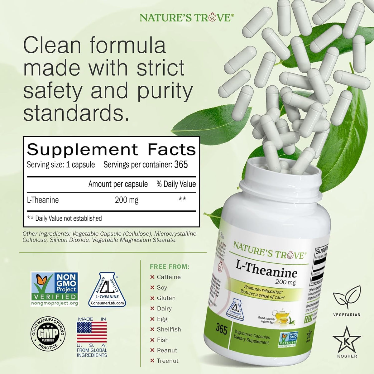 Nature's Trove L-Theanine 200mg - 365 Vegetarian Capsules (Super Value Size) - görsel 3