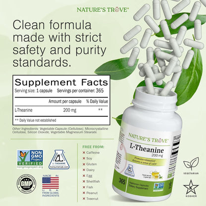 Nature's Trove L-Theanine 200mg - 365 Vegetarian Capsules (Super Value Size)