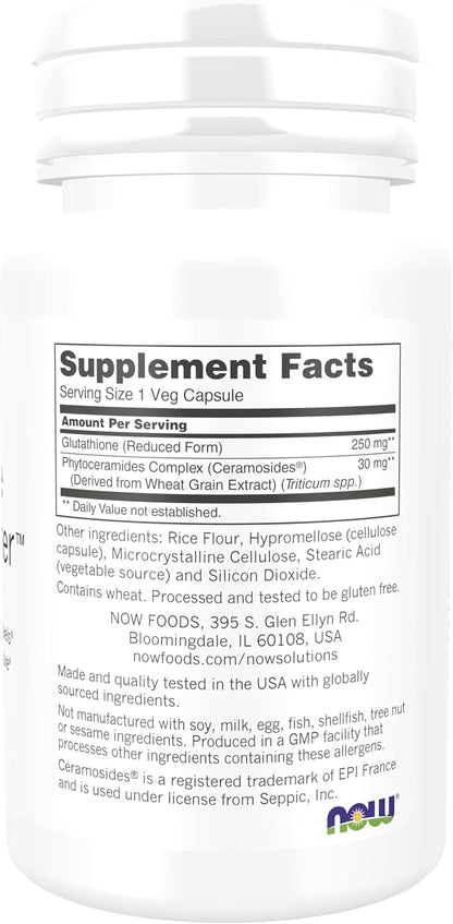 NOW Foods Solutions, Glutathione Skin Brightener with Ceramosides®, Moisturising and Illuminating, 30 Vegetable Capsules