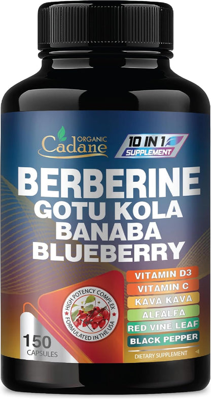 Cadane Premium Berberine Extract - 10-in-1 Supplement with Gotu Kola, Banaba Leaf, Vitamins D3 & C - 150 Vegetable Capsules for Immune and Digestive Support