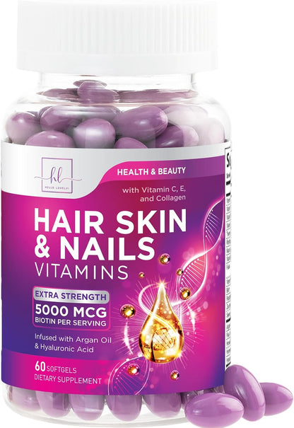 Hair Vitamins for Women Argan-Infused with Collagen, Biotin and Hyaluronic Acid - For Normal Hair and Skin Maintenance - Bottled in the USA - 60 Soft gel capsules