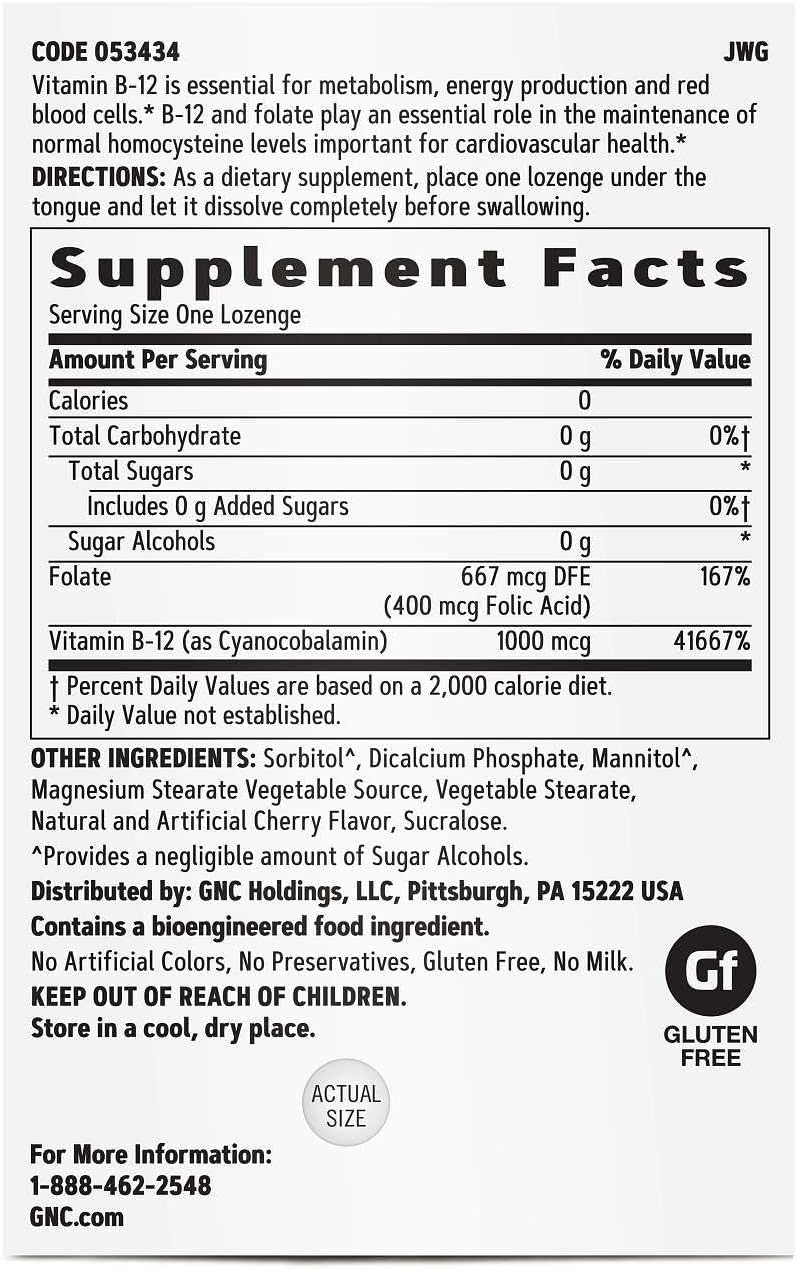 GNC Vitamin B12 1000mcg Cherry Lozenges for Normal Energy Metabolism, 120 Lozenges - görsel 2
