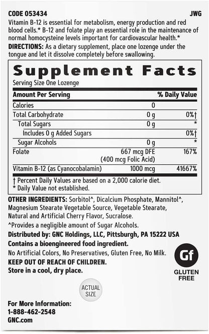 GNC Vitamin B12 1000mcg Cherry Lozenges for Normal Energy Metabolism, 120 Lozenges