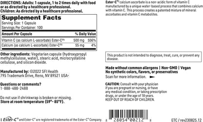 Klaire Labs SFI Health Ester-C 500 mg Buffered Vitamin C – Gentle on Stomach – Hypoallergenic – 100 Capsules