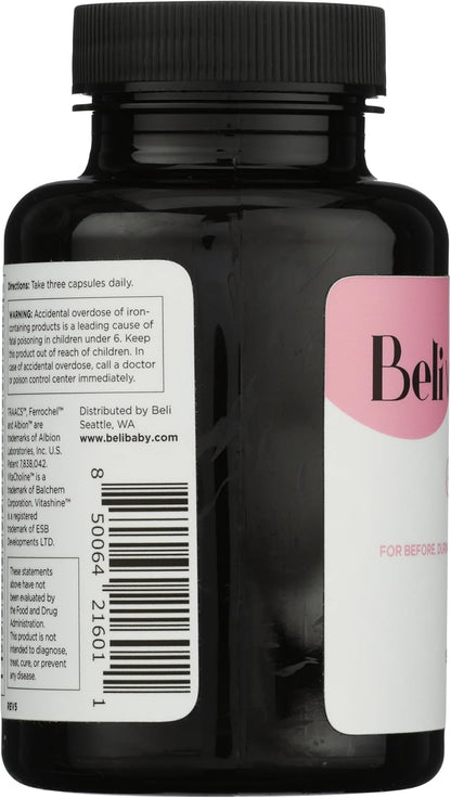Beli Women Prenatal Multivitamin - 400mg Choline, Folate & Vitamin D - Vegan, Gluten-Free, 90 Capsules (30-Day Supply)
