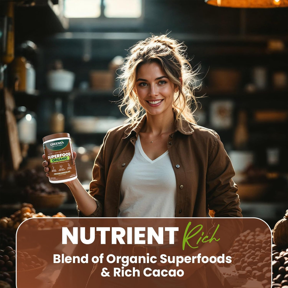 Greens+ Plus Organic Superfood Amazon Chocolate, Boost Energy, Essential Blend of Raw Foods, Non GM, Gluten-free, Organic and Vegan Powder, 240g - görsel 3