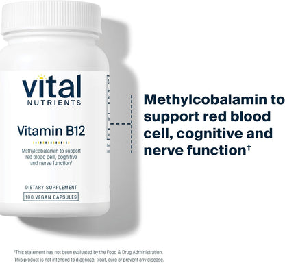 Vital Nutrients Vitamin B12 1000mcg - Vegan - Methylcobalamin for Metabolism, Cognitive & Nervous System Health - High-Potency B12 Supplement - Gluten, Dairy, Soy Free - 100 Capsules