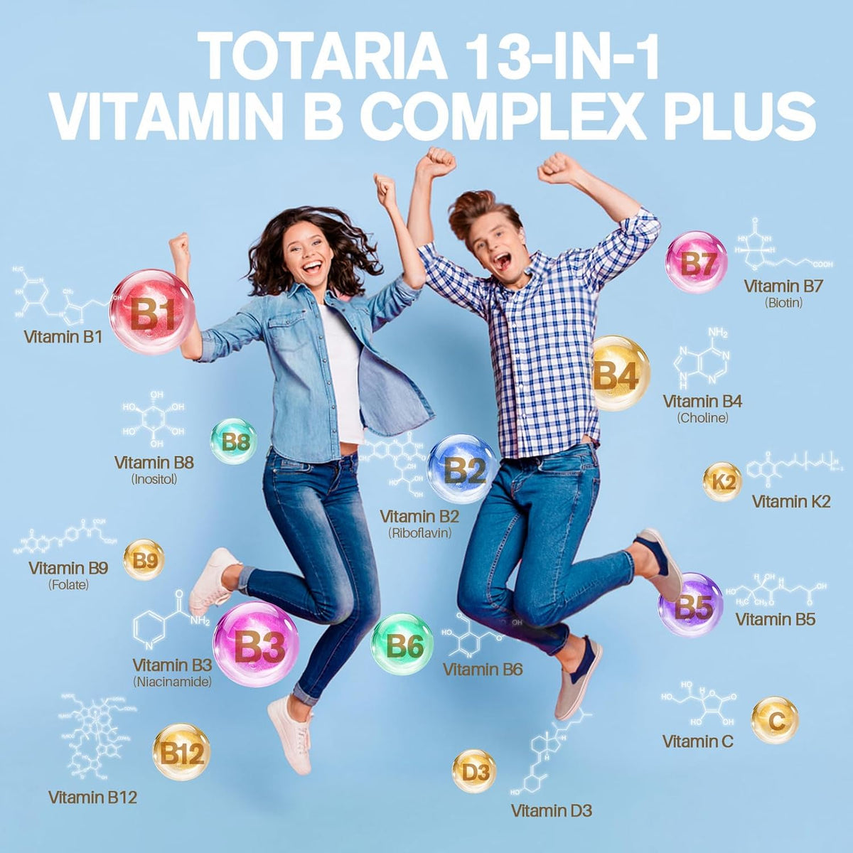 13-in-1 Vitamin B Complex Plus with B1, B2, B3, B4, B5, B6, B7, B8, B9, B12, C, D3, K2 - 120 Capsules (2-Pack) - görsel 2