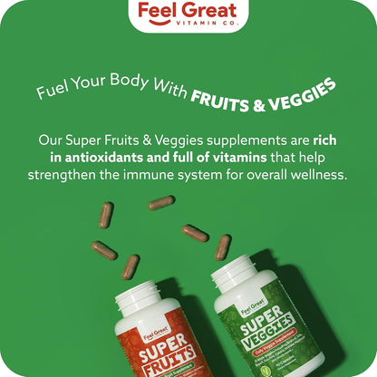 Feel Great Fruit and Vegetable Supplements | 20+ Super Reds & Greens for Natural Energy Support | Vegan Fruit and Veg Capsules | 2 Pack of 90 Capsules Each