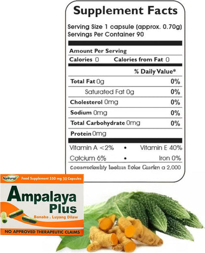 Pack of 4 Ampalaya Plus Supplement 550mg - 120 Capsules - Natural & Vegan - Organic Bitter Melon Capsules - Halal Herbal Food Supplement