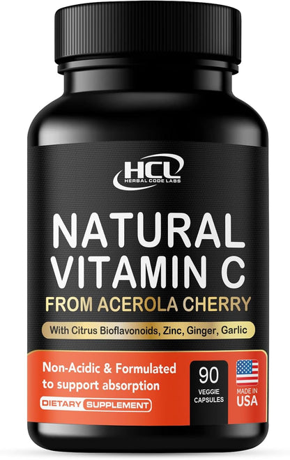 Natural Vitamin C from Organic Acerola Cherry - Enhanced Absorption - with Garlic Ginger & Citrus Bioflavonoids - Immune System & Collagen Booster - Anti-Ageing Skin Vitamins