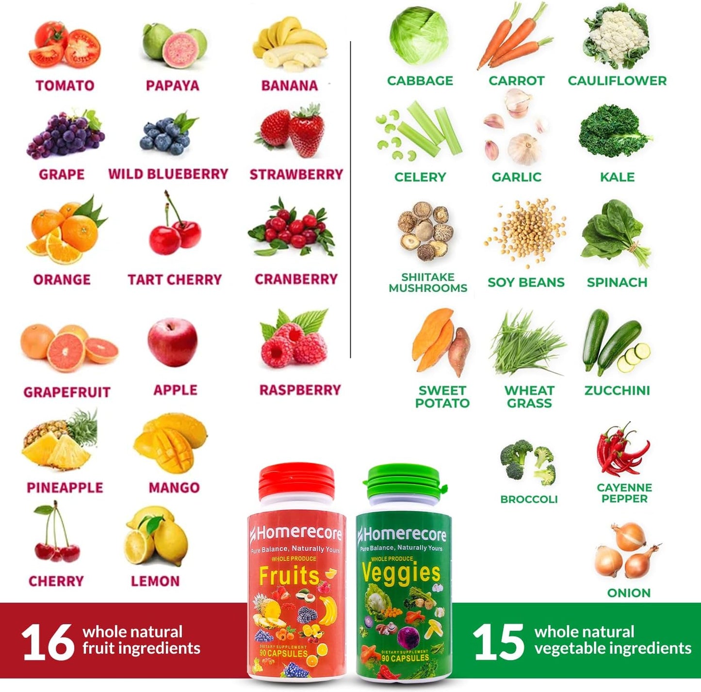 HOMERECORE Whole Food Fruit & Vegetable Supplement - 90 Fruit & 90 Vegetable Capsules - görsel 2
