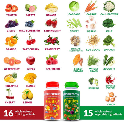 HOMERECORE Whole Food Fruit & Vegetable Supplement - 90 Fruit & 90 Vegetable Capsules