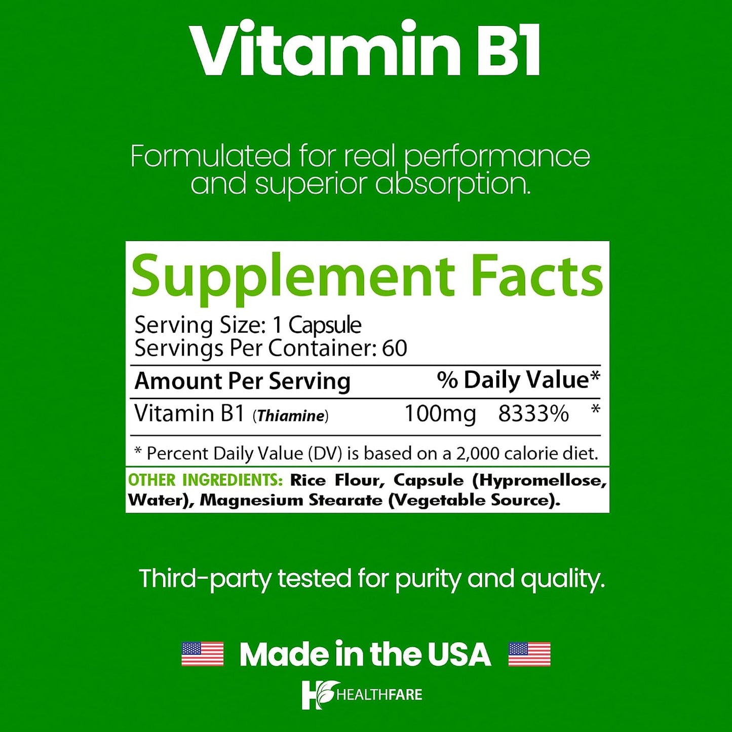 Healthfare Vitamin B1 100mg – Thiamine Supplement, 60 Capsules - görsel 3