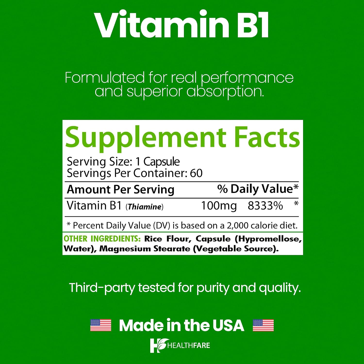 Healthfare Vitamin B1 100mg – Thiamine Supplement, 60 Capsules - görsel 3