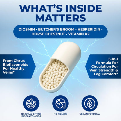 Vein Vitality 1250mg Diosmin Hesperidin Complex - Supports Leg Vein Health and Circulation - 60 Capsules