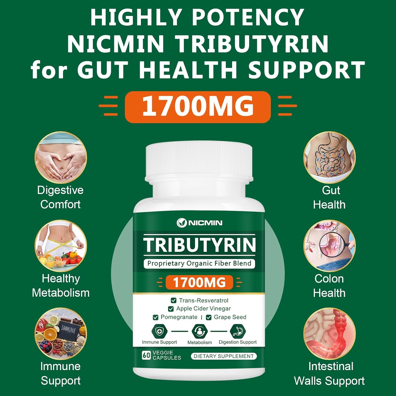 Tributyrin Supplement - Premium Butyrate Gut Health Supplement for Intestinal Support 60 Capsules - görsel 4