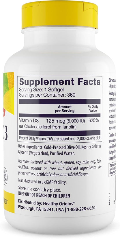 Healthy Origins Vitamin D3 5,000 IU Softgels - 360 Count