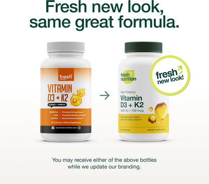 Fresh Nutrition Vegan Vitamin D3 + K2 Capsules - 5000 IU D3 + 100mcg K2 as MK-7 for Optimal Absorption - Immune Health, Bone Health - Non GMO - 90 Capsules, 3 Month Supply
