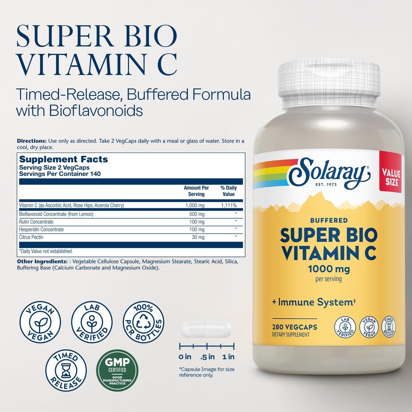 Solaray Super Bio Buffered Vitamin C 1000mg, Two-Stage Timed Release with Bioflavonoids, 360 VegCaps - görsel 2