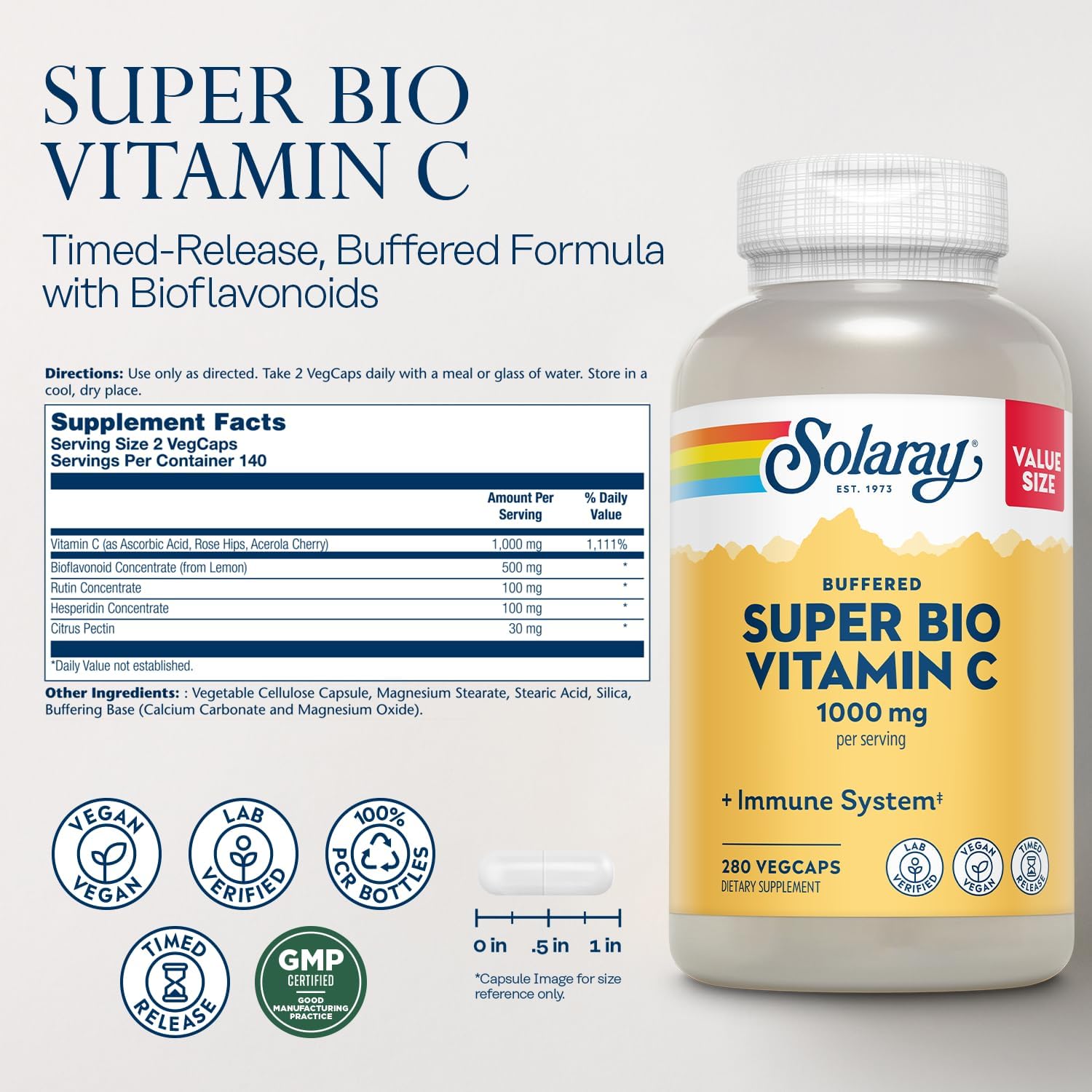Solaray Super Bio Buffered Vitamin C 1000mg, Two-Stage Timed Release with Bioflavonoids, 360 VegCaps - görsel 2