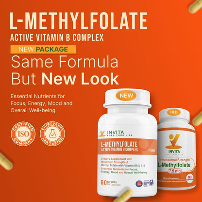INVITA L-Methylfolate 7.5 mg + Active Vitamin B Complex – 60 Capsules