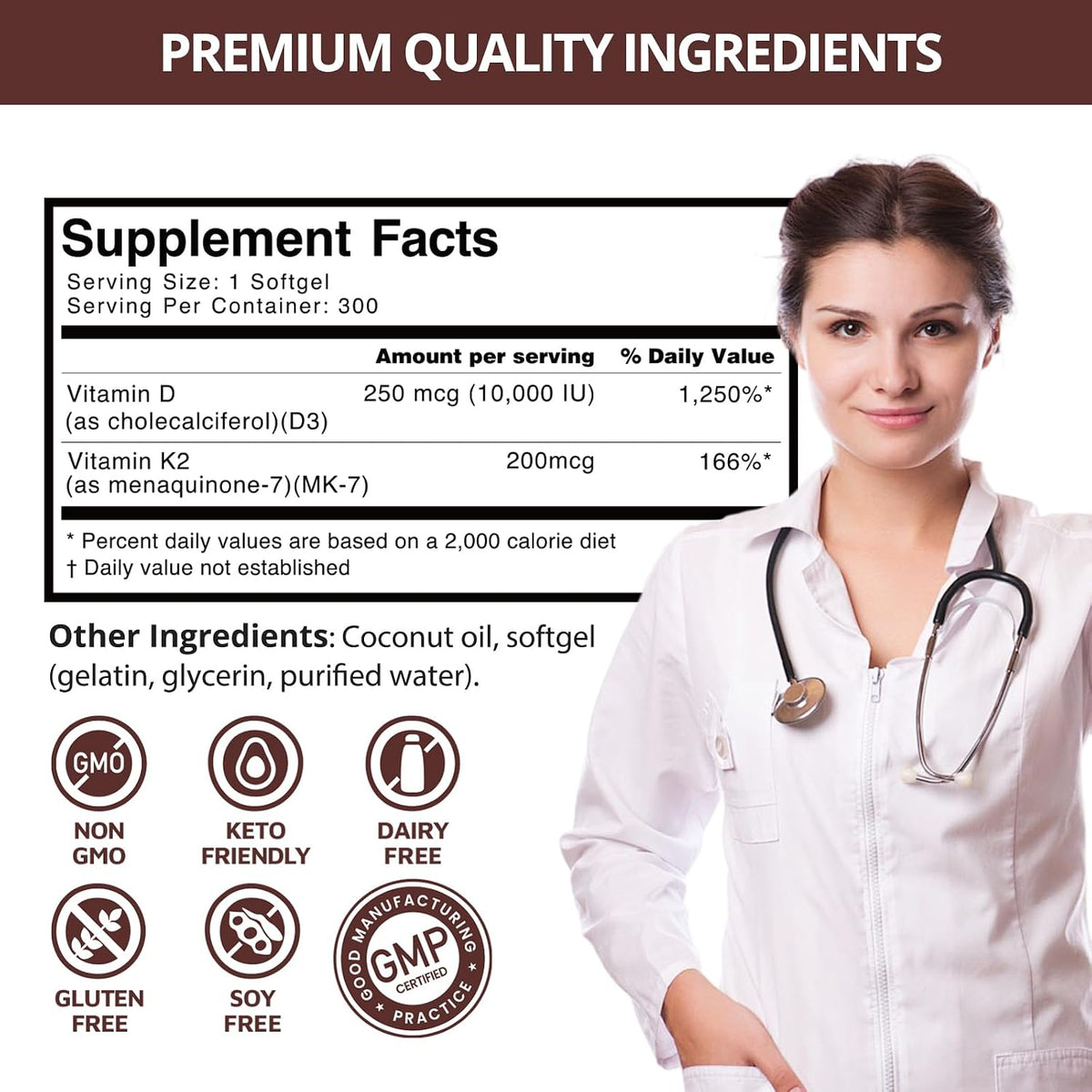 QVQ Vitamin D3 10,000 IU + K2 (MK-7) 200 mcg – Virgin Coconut Oil Soft gel capsules, 300 Count - görsel 8