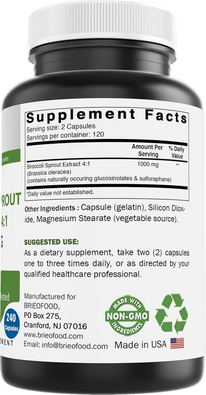 Brieofood Broccoli Sprout Extract 4:1, 1000 mg per Serving - 240 Capsules