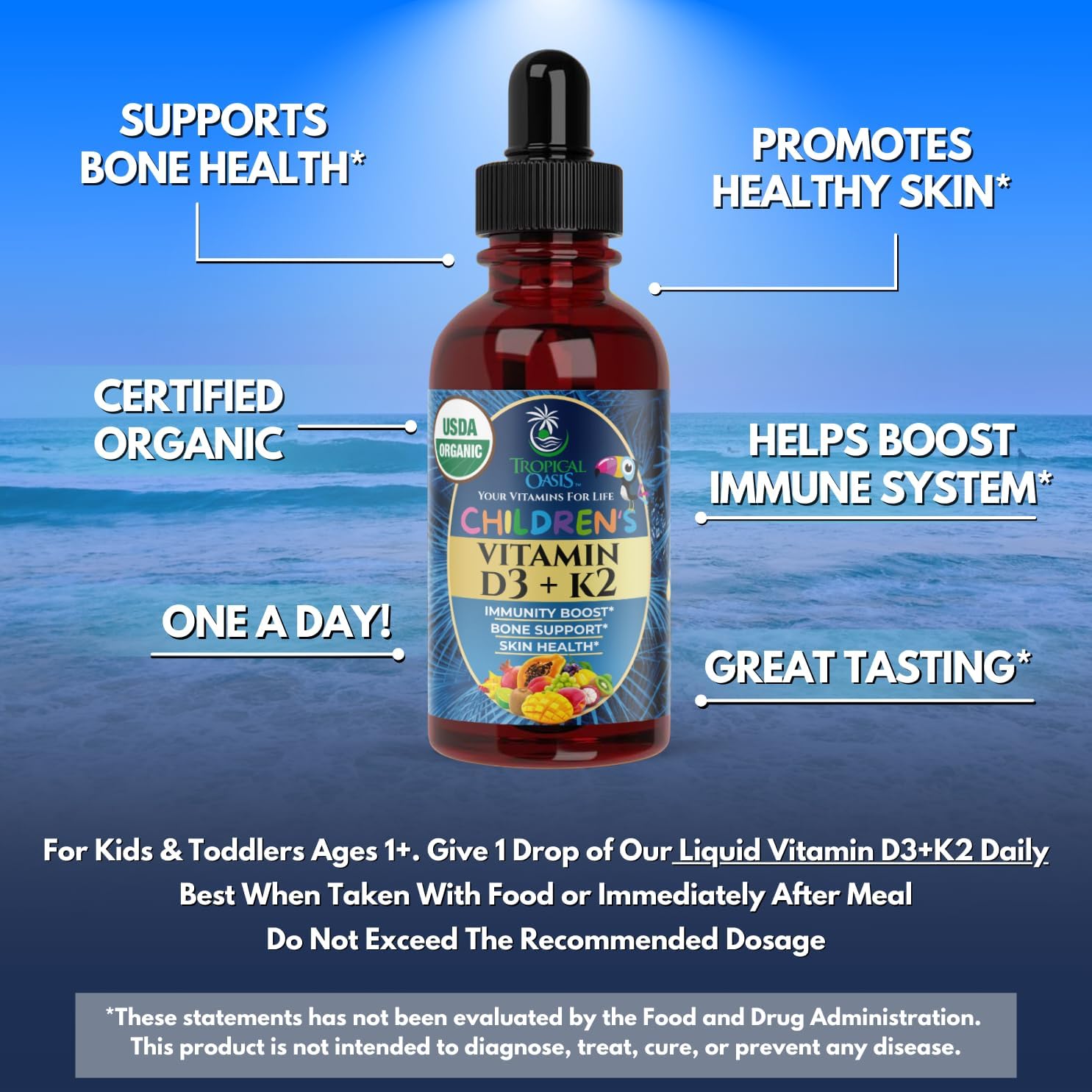 Tropical Oasis Organic Vitamin D3 + K2 Drops for Kids (59 ml) - görsel 3