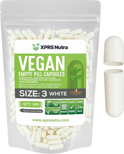 XPRS Nutra Size 3 Empty Capsules (500) - Plant-Based HPMC Capsules for Home Encapsulation