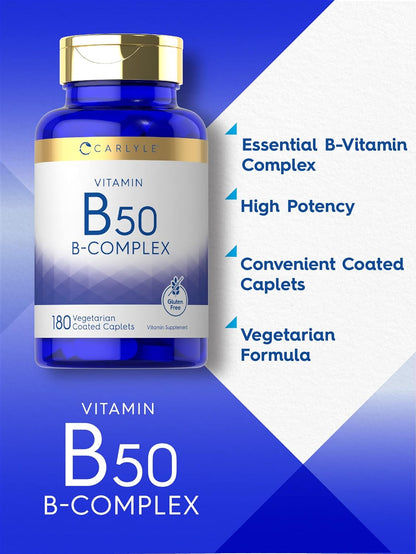 Carlyle Vitamin B50 Complex | 180 Caplets | Vegetarian, Non-GM, Gluten-free