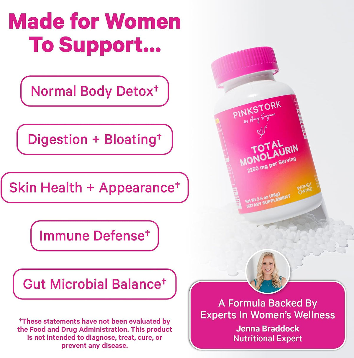 Pink Stork Monolaurin Pellets – Vegan Lauric Acid Immune & Gut Support for Women – Microbial Balance, Digestive Wellness – Odourless, Scoopable Supplement – 226g – 75 Servings - görsel 3