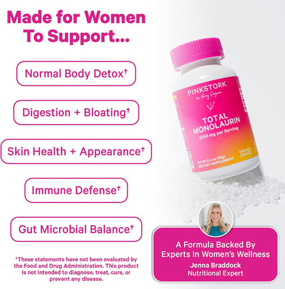 Pink Stork Monolaurin Pellets – Vegan Lauric Acid Immune & Gut Support for Women – Microbial Balance, Digestive Wellness – Odourless, Scoopable Supplement – 226g – 75 Servings