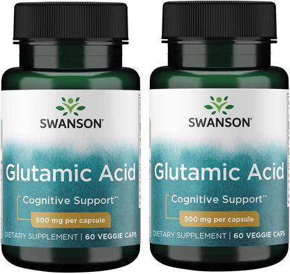 Swanson Glutamic Acid 500 mg, 60 Veg Capsules (Pack of Two)