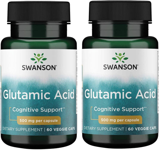 Swanson Glutamic Acid 500 mg, 60 Veg Capsules (Pack of Two)