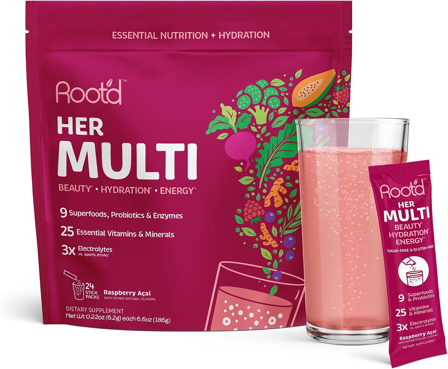 Root'd Multivitamin Powder with 3X Electrolytes for Women - 24 Sachets - görsel 1