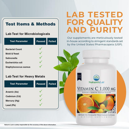 Nature's Lab Vitamin C 1000mg Per Capsule - Supports the Normal Function of the Immune System, 120 Capsules