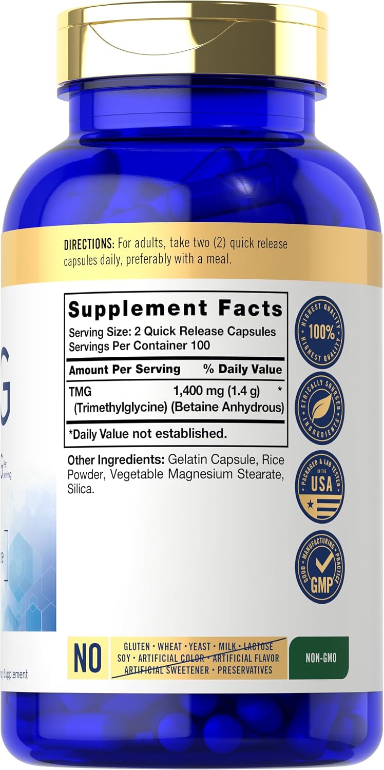 Carlyle TMG Supplement | 1400mg | 200 Trimethylglycine Quick Release Capsules | Non-GM & Gluten-free - görsel 2