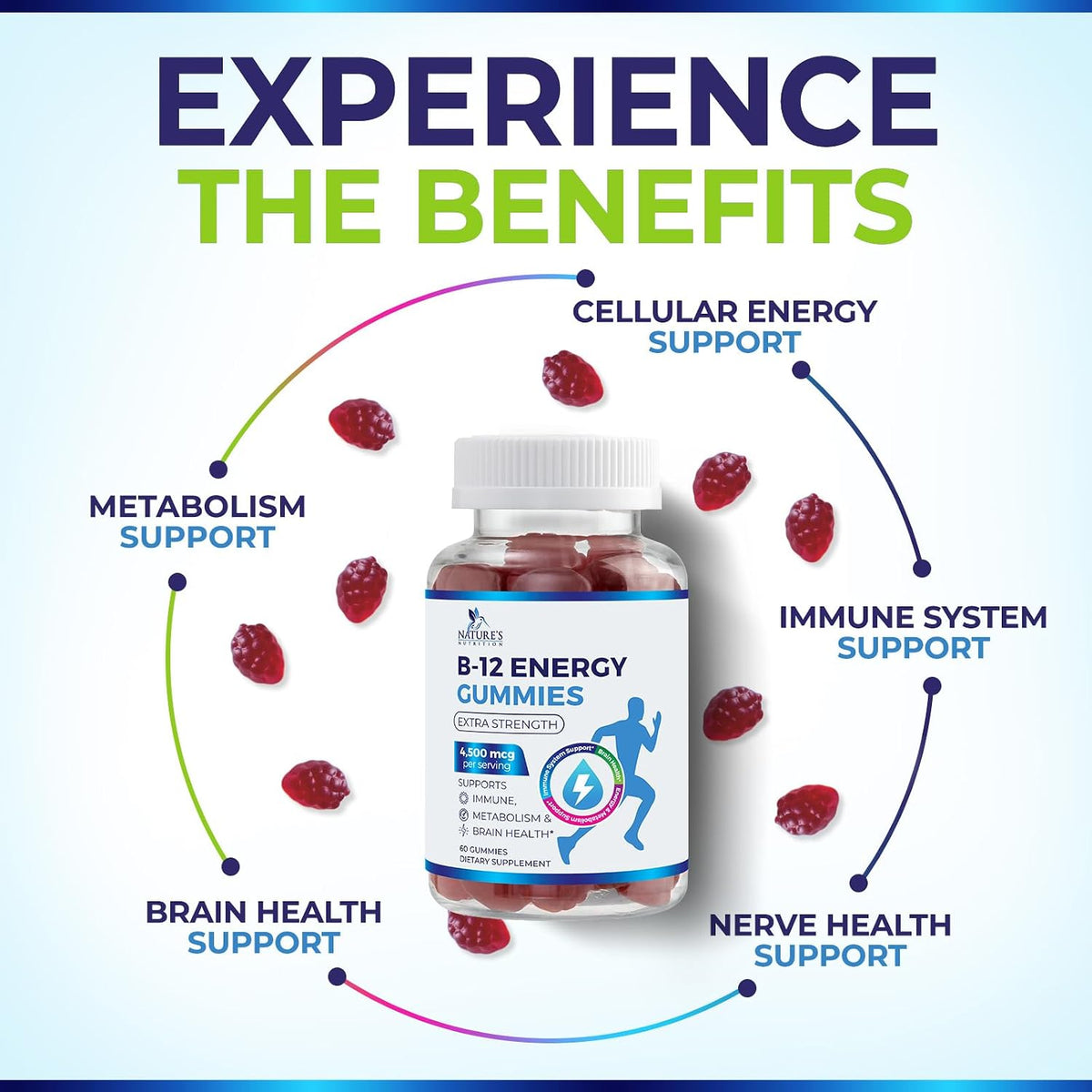 B12 Energy Gummies - 4500 mcg Vitamin B12 Per Serving - Extra Strength Chewable B12 Supplement - Natural Berry Flavoured - 60 Gummies - görsel 5