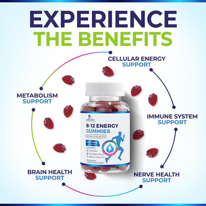 B12 Energy Gummies - 4500 mcg Vitamin B12 Per Serving - Extra Strength Chewable B12 Supplement - Natural Berry Flavoured - 60 Gummies
