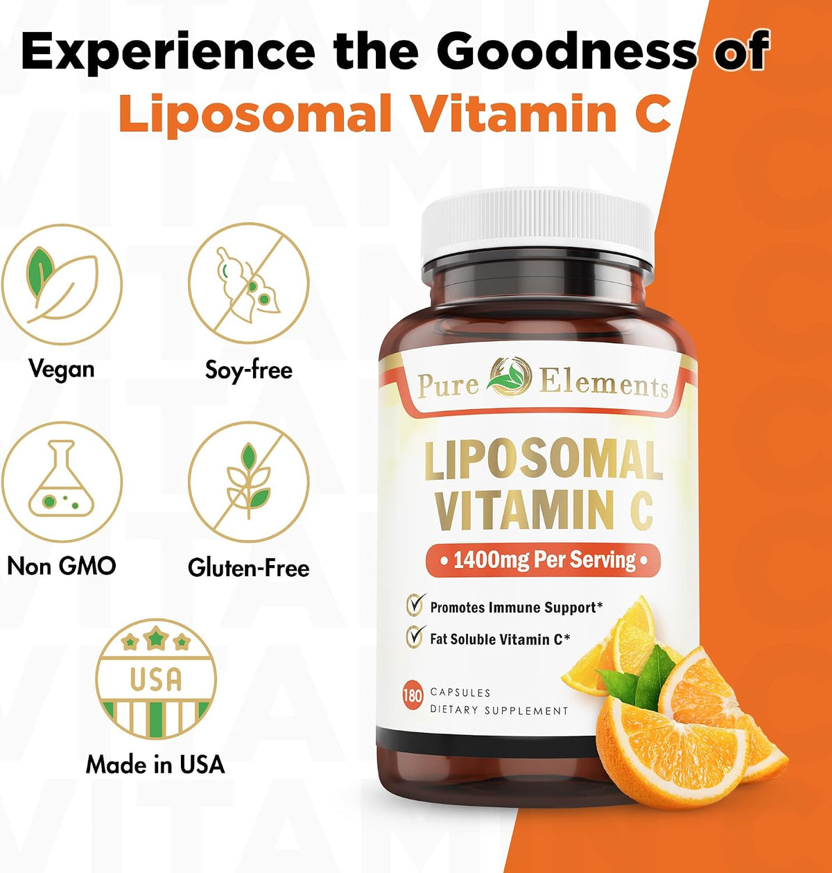 Pure O Elements Vitamin C Liposomal Supplement Capsules 180 Count – High Absorption Ascorbic Acid, Non-GMO, Soya-free, Gluten-free - görsel 4