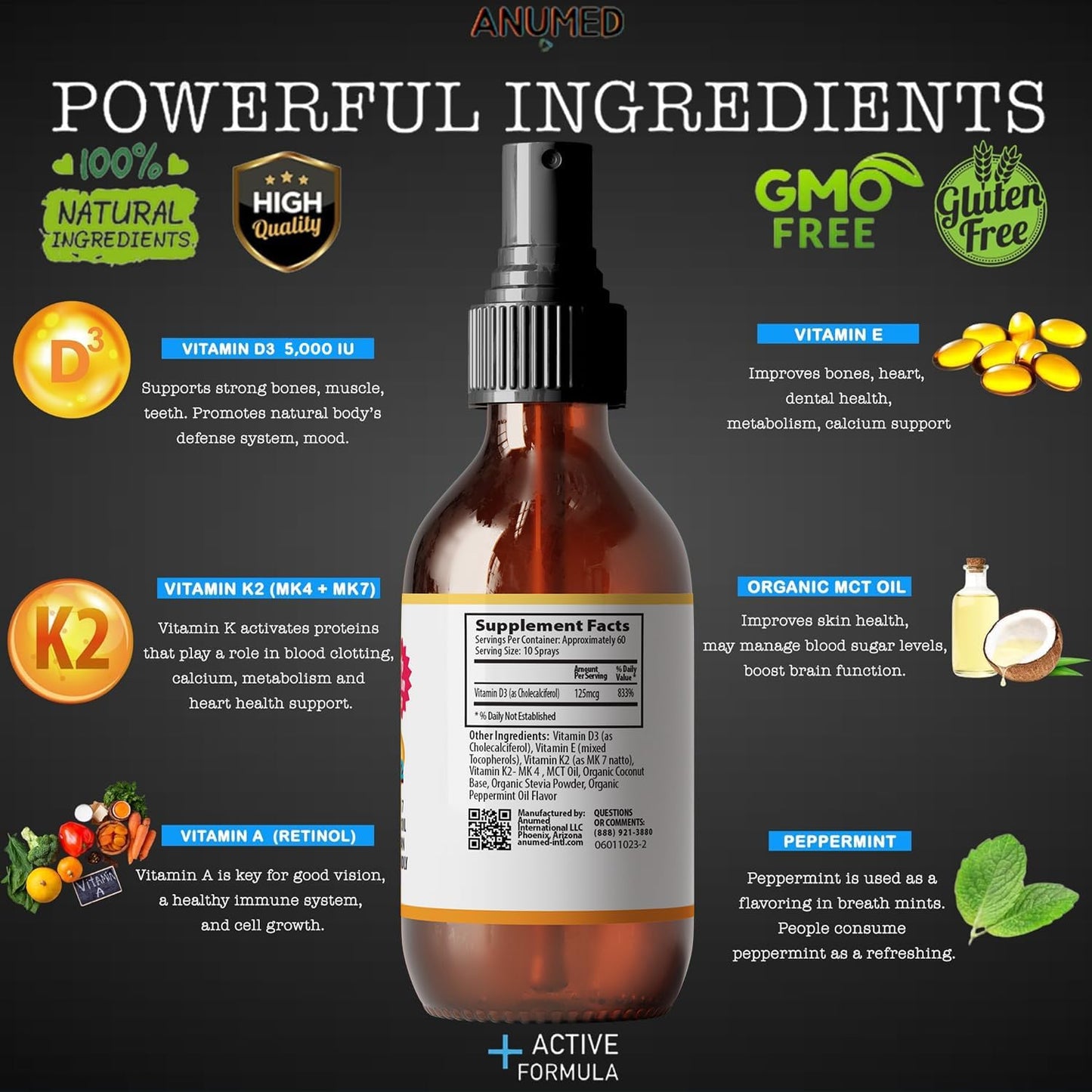 Vitamin D3 K2 5,000 IU Liquid Spray with Organic MCT Oil, Vitamin A (Retinol) 1250mcg, K2 (MK4, MK7) – Promotes Heart, Bones, Immune System – 100% Vegan, Non-GMO, No Sugar Added (60ml, Peppermint) - görsel 3