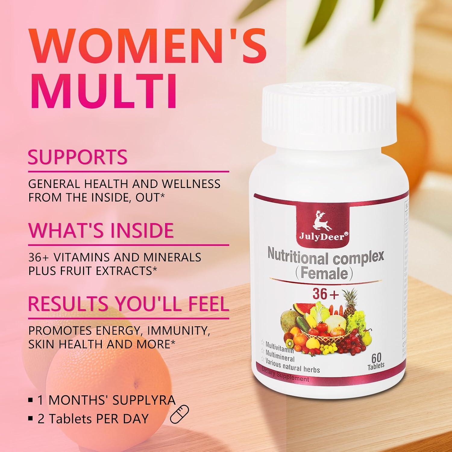 JulyDeer Women's One Daily Multivitamin | Complete with Vitamin A, C, D, E, B-Complex, Zinc & More | for Hair, Skin, Nails & Energy | 2 Bottles - görsel 4