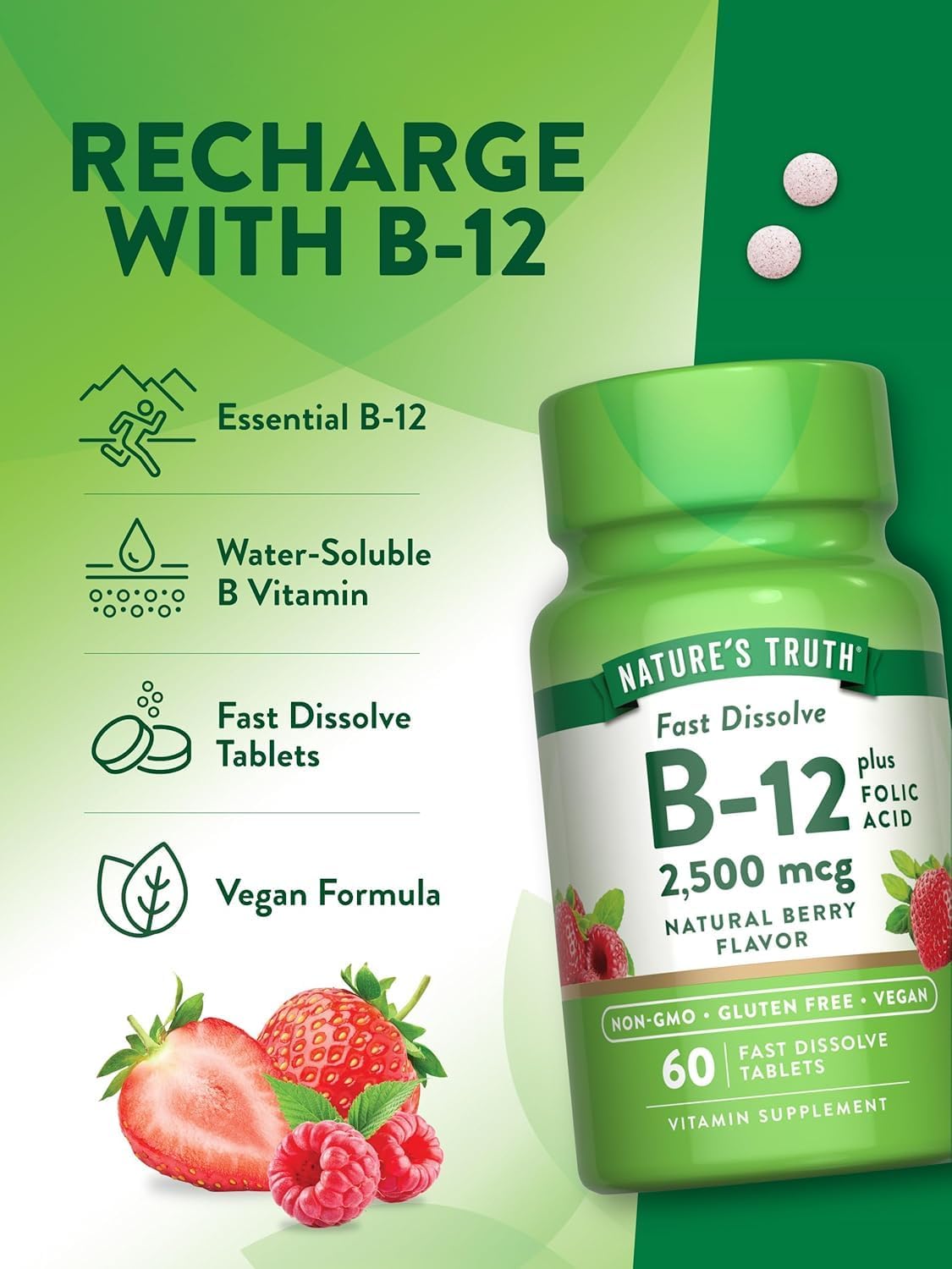 Vitamin B-12 2500 mcg with Folic Acid, Natural Berry Flavour - 180 Tablets (Pack of 3) - görsel 5