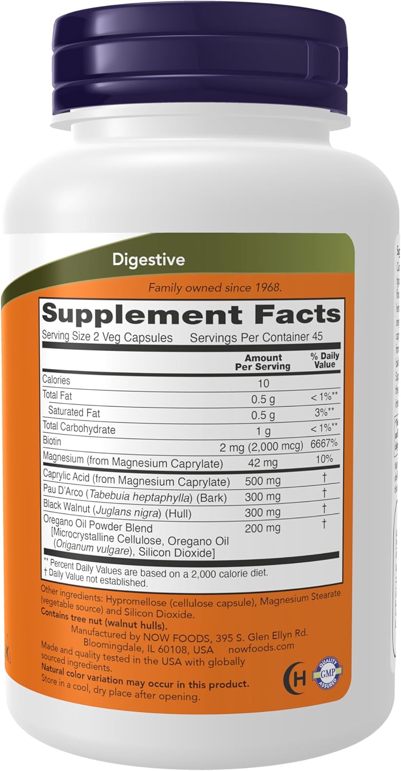 NOW Bacillus Support with Pau D'Arco, Oregano Oil, Black Walnut & Caprylic Acid, 90 Veg Capsules - görsel 2
