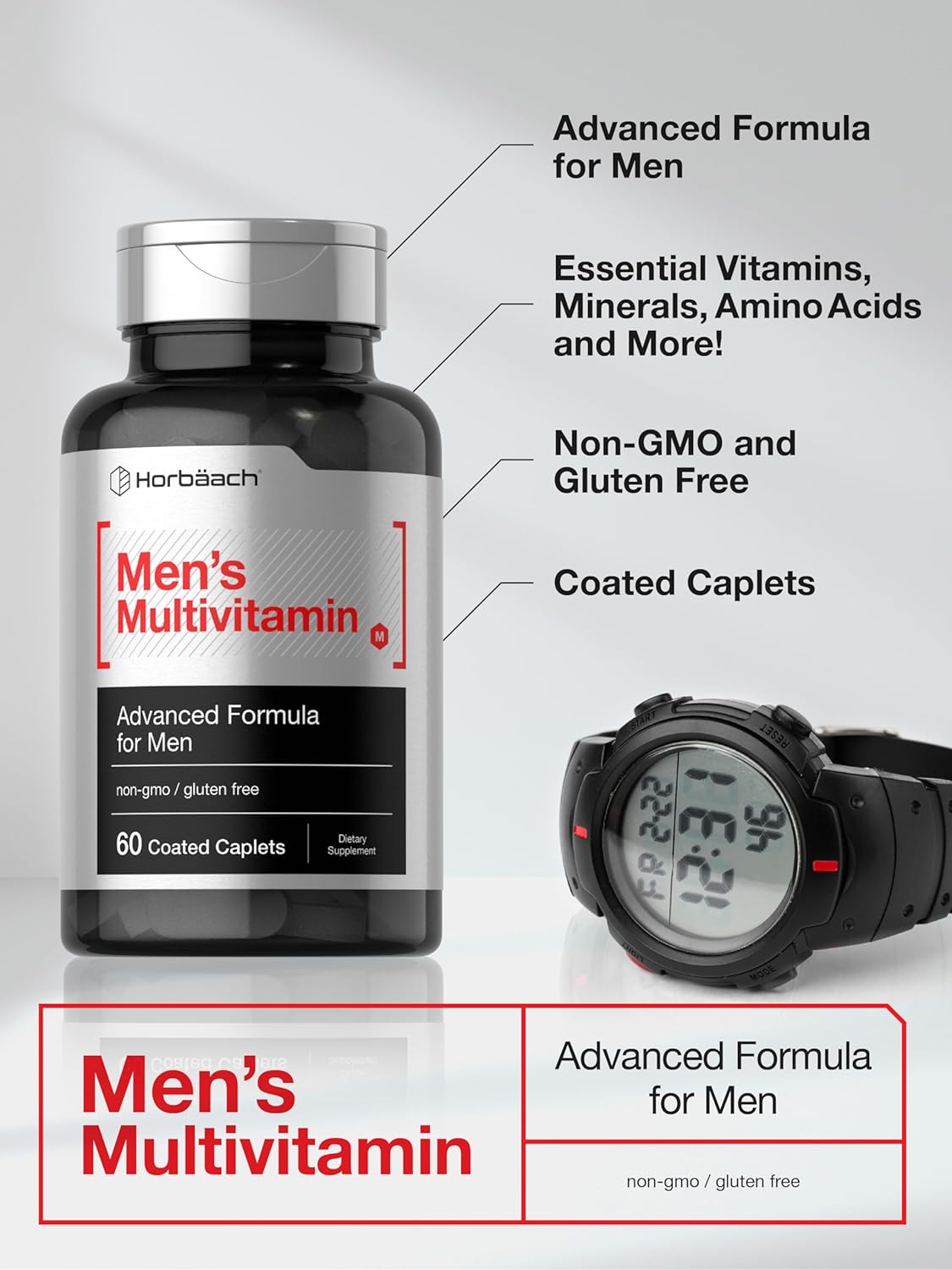 Horbäach Men's Multivitamin - 60 Coated Caplets - Advanced Formula with Vitamin C, D, Magnesium & Zinc - görsel 4