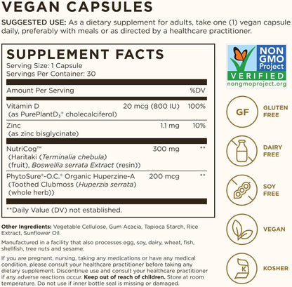 Solgar Memory Support Brain Supplement with Nutricog, Vitamin D & Huperzine-A – 30 Servings
