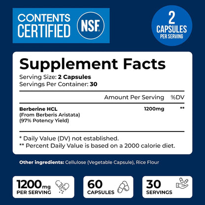 We Like Vitamins Berberine Supplement 1200 mg | NSF Certified | 60 Vegetarian Capsules