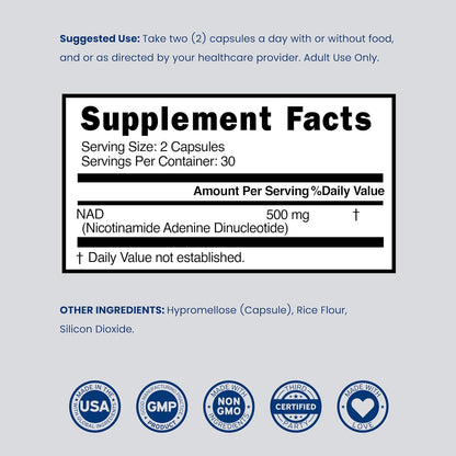 NAD+ Supplement (500mg) - Nicotinamide Adenine Dinucleotide for Women and Men - Third-Party Tested, Vegan, Non-GM - 60 Capsules